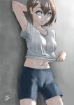  1girl abs against_wall arm_behind_head arm_up bangs blue_eyes blush breasts brown_hair clothes_lift collarbone commentary din_(pixiv25800872) grey_background gym_uniform hair_between_eyes looking_at_viewer midriff navel original parted_lips shirt shirt_lift short_hair shorts signature stained_clothes summer sweat sweaty_clothes t-shirt thighs wet 
