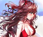  1girl baocaizi bikini blue_eyes bow breasts brown_hair cleavage collarbone floating_hair hair_bow highres ichinose_shiki idolmaster idolmaster_cinderella_girls long_hair medium_breasts open_mouth profile red_bikini red_bow shiny shiny_hair solo swimsuit twintails upper_body very_long_hair 