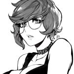  1girl absurdres aurahack breasts bright_pupils choker glasses greyscale highres large_breasts makeup mascara monochrome parted_lips real_life self-portrait short_hair signature solo tank_top upper_body white_pupils 