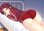  1girl ass bed blurry blush buruma commentary depth_of_field embarrassed highres hino_minato_(spec.c) jacket long_hair looking_at_viewer looking_back love_live! love_live!_sunshine!! lying on_bed on_stomach red_buruma red_hair red_jacket sakurauchi_riko sheet_grab single_bang track_jacket yellow_eyes 