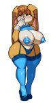  2022 absurd_res anthro areola big_breasts bodily_fluids breasts brown_eyes camel_toe clothed clothing female fiinel hair hi_res lagomorph leporid looking_at_viewer mammal mature_anthro mature_female pasties pink_areola rabbit sega simple_background solo sonic_the_hedgehog_(series) sweat vanilla_the_rabbit white_background 