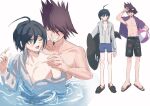  2boys :d ball bangs beachball black_footwear black_hair black_male_swimwear blue_male_swimwear brown_eyes closed_eyes collarbone danganronpa_(series) danganronpa_s:_ultimate_summer_camp danganronpa_v3:_killing_harmony facial_hair goatee grey_background grey_jacket grin hair_between_eyes hand_up highres holding holding_ball hood hooded_jacket inflatable_orca inflatable_toy jacket looking_at_another looking_back male_swimwear momota_kaito multiple_boys multiple_views off_shoulder official_alternate_costume saihara_shuuichi sandals shoes smile spiked_hair teeth toy visket53 yaoi 
