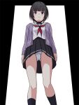  1girl arms_at_sides bangs black_hair black_skirt black_socks black_undershirt blush cardigan check_commentary commentary_request door dot_nose from_below idolmaster idolmaster_cinderella_girls legs lielos long_sleeves looking_at_viewer neckerchief panties pantyshot pleated_skirt purple_cardigan purple_eyes red_neckerchief sailor_collar serious shirayuki_chiyo shirt short_hair simple_background skirt socks solo thighs underwear white_panties white_sailor_collar white_shirt 