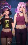  2girls aurahack black_shirt blue_eyes choker covering_face crop_top fingers_to_mouth glasses highres holding_hands jewelry leg_tattoo light_particles lips midriff multiple_girls nail_polish navel nightclub original pants patreon_username pink_hair poster_(object) purple_hair red_eyes ring shirt short_hair shorts t-shirt tattoo wedding_ring wristband yuri 