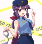  1girl :d bare_arms bare_shoulders black_necktie blue_shirt blue_skirt blush breasts collared_shirt cowboy_shot cuffs hair_flaps handcuffs hat highres holding holding_handcuffs index_finger_raised long_hair looking_at_viewer low_ponytail machikado_mazoku mature_female medium_breasts n88_colpla necktie open_mouth pencil_skirt police police_hat police_uniform policewoman purple_eyes purple_hair shirt skirt sleeveless sleeveless_shirt smile solo uniform w_arms yoshida_seiko 