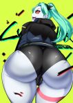  1girl absurdres ass ass_focus blue_hair cameltoe cleft_of_venus colored_sclera colored_skin cyberpunk_(series) cyberpunk_edgerunners highres huge_ass owner1657 panties rebecca_(cyberpunk_edgerunners) red_eyes smile solo twintails underwear 