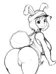  absurd_res anthro bodily_fluids bottomless carrot_(one_piece) clothed clothing female hat headgear headwear hi_res hoodie lagomorph leporid looking_at_viewer looking_back mammal minkmen_(one_piece) monochrome one_piece open_mouth question_mark rabbit shirt smile smiling_at_viewer solo starykrow sweat topwear 