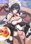  1girl absurdres alternate_costume annabella_(tower_of_fantasy) bare_shoulders black_hair blurry blurry_background breasts cake cleavage elbow_gloves enmaided food gloves highres large_breasts lazgear long_hair looking_at_viewer maid maid_headdress plate thighlet tower_of_fantasy twintails yellow_eyes 