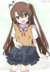  1girl :d absurdres antenna_hair bag black_skirt blush bow brown_hair collared_shirt commentary_request cynical_(llcbluckg_c004) green_eyes hair_between_eyes hair_bow highres koshigaya_komari long_hair looking_at_viewer neck_ribbon non_non_biyori open_mouth pink_bow red_ribbon ribbon school_bag school_uniform shirt short_sleeves sitting skirt smile solo sweater_vest twitter_username very_long_hair yellow_sweater_vest 