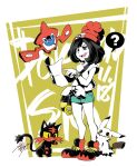  1girl ? bag bangs beanie black_hair bob_cut cameo charm_(object) full_body green_shorts grey_eyes handbag hat holding holding_map inkling isamu-ki_(yuuki) legs_apart litten map mimikyu open_mouth pokemon pokemon_(creature) pokemon_(game) pokemon_sm red_headwear rotom rotom_dex selene_(pokemon) shirt shoelaces shoes short_hair short_sleeves shorts speech_bubble splatoon_(series) spoken_question_mark standing swept_bangs teeth tied_shirt uneven_eyes v-shaped_eyebrows z-ring 