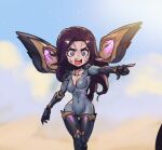  1girl :d bangs black_footwear black_gloves bodysuit boots breasts collarbone covered_navel detached_wings gloves grey_bodysuit kai&#039;sa league_of_legends long_hair medium_breasts multicolored_background open_mouth phantom_ix_row pointing purple_eyes red_hair shiny shiny_hair smile solo sweatdrop teeth thigh_boots upper_teeth wings 