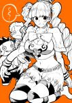  1girl absurdres belt blush breasts button_eyes character_doll crown dracule_mihawk greyscale greyscale_with_colored_background highres large_breasts leggings monochrome one_piece orange_background orange_eyes perona pout ribbon roronoa_zoro skirt solo speech_bubble stuffed_toy sweatdrop thighs twintails yotsumi_shiro 