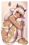  1girl animal_ears artist_name ash_(fire_emblem) bangs blunt_bangs blush brown_eyes closed_mouth dark-skinned_female dark_skin evomanaphy fetal_position fire_emblem fire_emblem_heroes heart highres horns long_hair looking_at_viewer smile solo speech_bubble spoken_heart tail twitter_username white_hair 