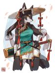  anthro asian_clothing bandaged_arm belt black_hair breasts canid canine chinese_clothing chinese_dress clothing digital_media_(artwork) dress east_asian_clothing female hair hand_on_hip head_turned hi_res kawarage_yatano kemono long_hair looking_at_viewer mammal medium_breasts pelvic_curtain pigtails sheathed_weapon solo twintails_(hairstyle) weapon white_hair wide_brim_hat yellow_eyes 