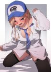  1girl baseball_cap black_necktie black_panties black_thighhighs blonde_hair blue_eyes blue_headwear blush breasts collared_shirt commentary_request fu-ta full_body hand_up hat highres kneeling long_hair long_sleeves multicolored_background necktie open_mouth original panties shirt small_breasts solo thighhighs underwear 