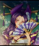  1990s_(style) 1girl artist_logo artist_name bangs blush breasts character_request cleavage english_text evelynn_(league_of_legends) flower green_background grey_flower hair_flower hair_ornament large_breasts league_of_legends long_hair mcmugget official_alternate_costume parted_bangs purple_hair retro_artstyle shiny shiny_hair smile solo upper_body 