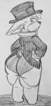  anthro big_butt blush bottomless butt canid canine canis clothed clothing collar domestic_dog fauxtellno1 hands_on_hips hat headgear headwear herding_dog hi_res housepets! king_(housepets!) looking_back male mammal pastoral_dog short_stack solo suit thick_thighs top_hat webcomic welsh_corgi wide_hips 