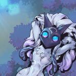  1girl breasts furry furry_female gradient gradient_background green_eyes grey_fur kindred_(league_of_legends) lamb_(league_of_legends) league_of_legends looking_at_viewer lying mask on_back phantom_ix_row small_breasts solo tree 