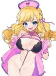  1girl bangs bare_hips bare_shoulders black_bra blonde_hair blue_eyes blush bra breasts cleavage cowboy_shot dress hat idolmaster idolmaster_cinderella_girls leaning_forward long_hair looking_at_viewer medium_breasts nurse nurse_cap o-ring ohtsuki_yui open_clothes open_dress open_mouth pearl_thong revealing_clothes ribbon simple_background sketch smile swept_bangs thigh_gap underwear white_background yam_(htt) 