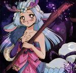  1girl animal_ears antlers artist_name bangs bare_arms bare_shoulders blue_hair blush centaur collarbone detached_sleeves english_commentary holding holding_staff horse_ears japanese_clothes kimono league_of_legends lillia_(league_of_legends) long_hair mcmugget night off_shoulder outdoors parted_lips pink_eyes shiny shiny_hair single_bare_shoulder solo spirit_blossom_lillia staff taur teeth tree 