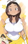  1girl alola_mother antenna_hair artist_name bag black-framed_eyewear blush bracelet breasts brown_eyes brown_hair clenched_hand closed_mouth collarbone commentary hands_up highres jellcaps jewelry large_breasts long_hair looking_at_viewer mature_female meowth pokemon pokemon_(creature) pokemon_(game) pokemon_sm shirt short_sleeves signature skirt smile sunglasses white_bag white_shirt yellow_skirt 