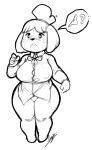  animal_crossing anthro big_breasts bodily_fluids bottomless bow_tie breasts canid canine canis clothed clothing domestic_dog dress_shirt female genitals hi_res huge_breasts isabelle_(animal_crossing) mammal monochrome nintendo nipple_outline no_underwear open_mouth pussy question_mark shirt simple_background slightly_chubby solo speech_bubble starykrow sweat topwear video_games white_background 