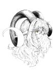  1girl bangs closed_mouth curled_horns expressionless greyscale hair_between_eyes highres horns jaco long_hair long_horns looking_away monochrome original simple_background solo spot_color white_background yellow_eyes 