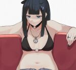  1girl bare_shoulders black_bra black_hair blue_eyes bra breasts ear_piercing earrings hair_ornament highres hololive hololive_english jewelry ku_roiko long_hair nail_polish navel necklace ninomae_ina&#039;nis outstretched_arms piercing ring sitting small_breasts solo tentacle_hair unbuttoned underwear upper_body virtual_youtuber 