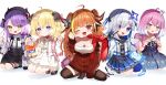  5girls :d aged_down ahoge amane_kanata angel_wings animal_ears axolotl backpack bag bag_of_chips bangs black_dress black_gloves black_skirt blonde_hair blue_dress blue_eyes blue_hair blush bow bracelet brown_thighhighs candy_hair_ornament cardigan chips_(food) closed_mouth collared_shirt colored_inner_hair crown demon_tail dragon_horns dragon_tail dress ear_piercing eyes_visible_through_hair fang food food-themed_hair_ornament footwear_bow gloves gradient_dress gradient_hair green_eyes grey_cardigan grey_hair hair_bun hair_ornament hairclip halo hat heterochromia high-waist_skirt high_heels highres himemori_luna holding holding_food holoforce hololive horn_bow horn_ornament horned_hat horns jacket jewelry jirai_kei kiryu_coco kneeling long_hair long_sleeves looking_at_viewer medium_hair mini_crown multicolored_hair multiple_girls noi_mine open_cardigan open_clothes open_jacket open_mouth orange_hair partially_fingerless_gloves petting piercing pink_hair pleated_dress pleated_skirt potato_chips print_dress puffy_long_sleeves puffy_sleeves purple_eyes purple_hair red_jacket sheep_ears sheep_horns shirt shoes simple_background single_side_bun skin_fang skirt smile socks squatting star_halo starry_sky_print streaked_hair striped striped_dress suspender_skirt suspenders tail tail_ornament tail_piercing thighhighs tokoyami_towa tsunomaki_watame two-tone_hair two_side_up v vertical-striped_dress vertical_stripes virtual_youtuber white_background white_cardigan white_jacket white_shirt white_skirt white_socks wings x_hair_ornament 