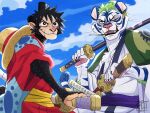  alternate_species anthro clothing felid furrification green_hair hair haplorhine hat headgear headwear kimboltart male mammal monkey monkey_d._luffy one_piece pantherine primate roronoa_zoro scar tiger 