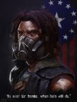  1boy black_hair brown_eyes dark_skin deimos_art dreadlocks fallout_(series) fallout_new_vegas flag_background highres male_focus mask mouth_mask non-web_source sleeveless sleeveless_jacket solo ulysses_(fallout_new_vegas) 