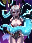  1girl 1other android breasts bujin_(pso2) di_allez_series glowing glowing_eye grey_hair grin highres medium_breasts multicolored_hair phantasy_star phantasy_star_online_2 phantasy_star_online_2_new_genesis potato_hank red_eyes short_hair smile streaked_hair tentacles you_gonna_get_raped 