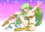  1girl :d armpits bangs bikini breasts c.c. cleavage code_geass cosplay fang green_hair horns kaname_aomame kneehighs long_hair looking_at_viewer lum lum_(cosplay) smile socks solo swimsuit tiger_stripes urusei_yatsura yellow_eyes 