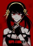  1girl 34cupofsalt bare_shoulders black_dress black_hair blood blood_on_face breasts cleavage commentary dress english_commentary highres looking_at_viewer needle red_background red_eyes sidelocks smile solo spy_x_family throwing_needles watermark yor_briar 