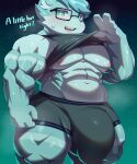  &lt;3 2022 abs anthro berseepon09 biceps big_biceps big_bulge big_muscles blue_body blue_eyes blue_fur blush bodily_fluids bottomwear bulge cervid clothed clothing english_text eyewear fur genital_outline glasses green_eyes hi_res huge_bulge looking_at_viewer male mammal muscular muscular_male muscular_thighs nipples open_mouth pecs penis_outline pupils question_mark raised_clothing raised_shirt raised_topwear shirt shorts shota_deer_(berseepon09) smile solo sweat tank_top teeth text tight_clothing topwear white_pupils 