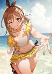  atelier_(series) atelier_ryza atelier_ryza_3 bangs beach bikini bikini_skirt blush braid breasts brown_eyes brown_hair clover_hair_ornament crown_braid day earrings hair_ornament hairclip hat highres jewelry large_breasts looking_at_viewer navel non-web_source o-ring o-ring_bikini official_art one_eye_closed outdoors outstretched_arm photoshop_(medium) reaching_out reisalin_stout short_hair smile standing swimsuit toridamono x_hair_ornament 