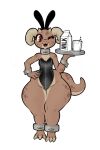  2022 anthro bottom_heavy box_(hajimeyou654) brown_body brown_scales cuff_(restraint) digital_media_(artwork) eyelashes fake_ears fake_rabbit_ears female flat_chested hi_res horn huge_hips huge_thighs kobold looking_at_viewer one_eye_closed piko_(simplifypm) red_eyes reptile restraints scales scalie solo thick_tail thick_thighs waitress_uniform wink 