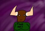  anthro backdrop big_breasts bovid bovine breasts cattle challenge_saber clothing cross-eyed female horn horned_humanoid horny humanoid karrot01 mammal purple_background retarded shirt simple_background solo text topwear wdg_bug 