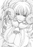  1girl bangs bell breasts curled_horns fur_collar fur_trim hair_between_eyes horns isamu-ki_(yuuki) large_breasts long_hair looking_at_viewer monochrome open_mouth original sheep_horns simple_background smile solo teeth traditional_media twitter_username white_background 