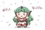  1girl blush cloud_print collared_shirt curly_hair full_body green_hair horns kariyushi_shirt komano_aunn long_hair open_mouth red_shirt rokugou_daisuke shirt shorts signature simple_background single_horn solo touhou white_background white_shorts 