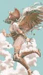  1girl athena_(mythology) belt blue_sky cloud greek_mythology helmet high_heels kuroimori looking_up mechanical_wings multiple_belts original sky toga white_hair wings 