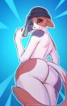  anthro blue_background butt butt_focus clothing domestic_cat ear_piercing ears_down epic_games felid feline felis female fortnite free-opium fur gun hat hat_only headgear headgear_only headwear headwear_only hi_res low-angle_view mammal meow_skulls_(fortnite) mostly_nude multicolored_body multicolored_fur narrowed_eyes piercing pivoted_ears ranged_weapon simple_background solo spots spotted_body spotted_fur video_games weapon 