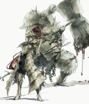  2boys absurdres animal_helmet armor dark_souls_(series) dark_souls_i dragon_slayer_ornstein executioner_smough full_armor full_body hammer height_difference helmet highres multiple_boys polearm shoulder_armor spear togeppoi weapon 