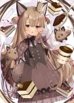  1girl animal_ears bangs black_bow black_ribbon blush bow breasts brown_dress brown_eyes brown_hair cake cake_slice cat_ears chocolate crown dress food goma_(u_p) highres long_hair long_sleeves looking_at_viewer mini_crown open_mouth original ribbon small_breasts spoon two_side_up white_background 