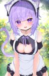  1girl :d absurdres animal_ears apron ayama_nano black_dress breasts cat_ears cat_tail cleavage cleavage_cutout clothing_cutout dress frilled_apron frills heart_cutout highres hololive nekomata_okayu purple_eyes purple_hair smile solo tail 
