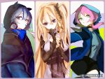  3girls alternate_costume arknights bangs blue_eyes blue_hair blue_poison_(arknights) brown_hair choker glaucus_(arknights) highres hood hood_up hooded_jacket indigo_(arknights) indigo_(serene_day)_(arknights) jacket long_hair low_twintails multicolored_hair multiple_girls pink_hair shorts side_ponytail streaked_hair twintails ub_orca 