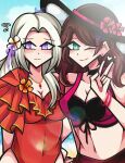  2girls 34cupofsalt blue_eyes blush breasts brown_hair choker cleavage dorothea_arnault edelgard_von_hresvelg fire_emblem fire_emblem:_three_houses fire_emblem_heroes frilled_swimsuit frills hair_tie hat heart highres jewelry long_hair looking_at_viewer looking_away medium_breasts multiple_girls necklace nervous official_alternate_costume one_eye_closed princess red_one-piece_swimsuit smile sun_hat swimsuit v watermark white_hair 