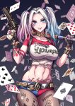  1girl absurdres ace_of_diamonds ace_of_spades arm_tattoo baseball_bat belt blue_eyes bracelet card cowboy_shot dc_comics diamond_(shape) eight_of_hearts fingerless_gloves fish.boy five_of_spades four_of_hearts gloves gun harley_quinn heart heart_tattoo highres holding holding_baseball_bat holding_gun holding_weapon jewelry king_of_clubs leg_tattoo multicolored_hair navel nine_of_hearts playing_card queen_of_hearts_(card) revolver seven_of_spades shirt smile solo spade_(shape) stomach_tattoo suicide_squad tattoo ten_of_hearts three_of_diamonds three_of_hearts torn_clothes torn_pantyhose torn_shirt twintails two_of_diamonds weapon 