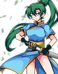  34cupofsalt bare_legs drawing_sword fingerless_gloves fire_emblem fire_emblem:_the_blazing_blade gloves green_hair highres holding holding_sheath holding_sword holding_weapon long_hair lyn pelvic_curtain ponytail sheath sword very_long_hair watermark weapon 