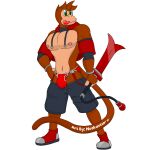  anthro bottomwear briefs bulge clothing countershading footwear haplorhine hoodie j.a.m male mammal melee_weapon monkey muscular navel nipples notkastar pecs primate shoes shorts signature solo suspenders sword tongue tongue_out topwear underwear weapon 